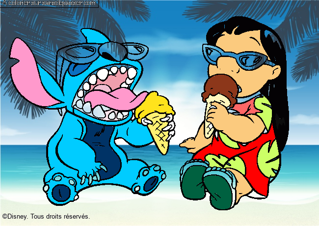 Coloriage Lilo et Stitch mangent une glace par un invité
