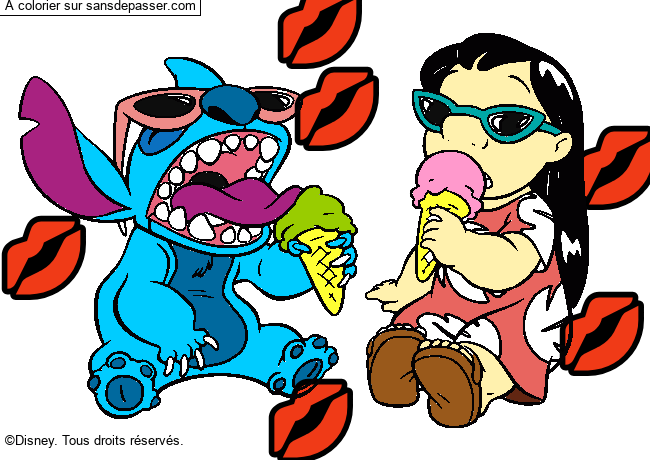 Coloriage Lilo et Stitch mangent une glace