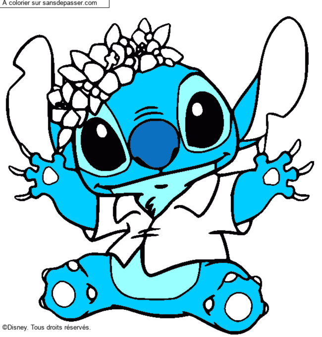 Coloriage Stitch et sa couronne de fleurs par un invit&eacute;