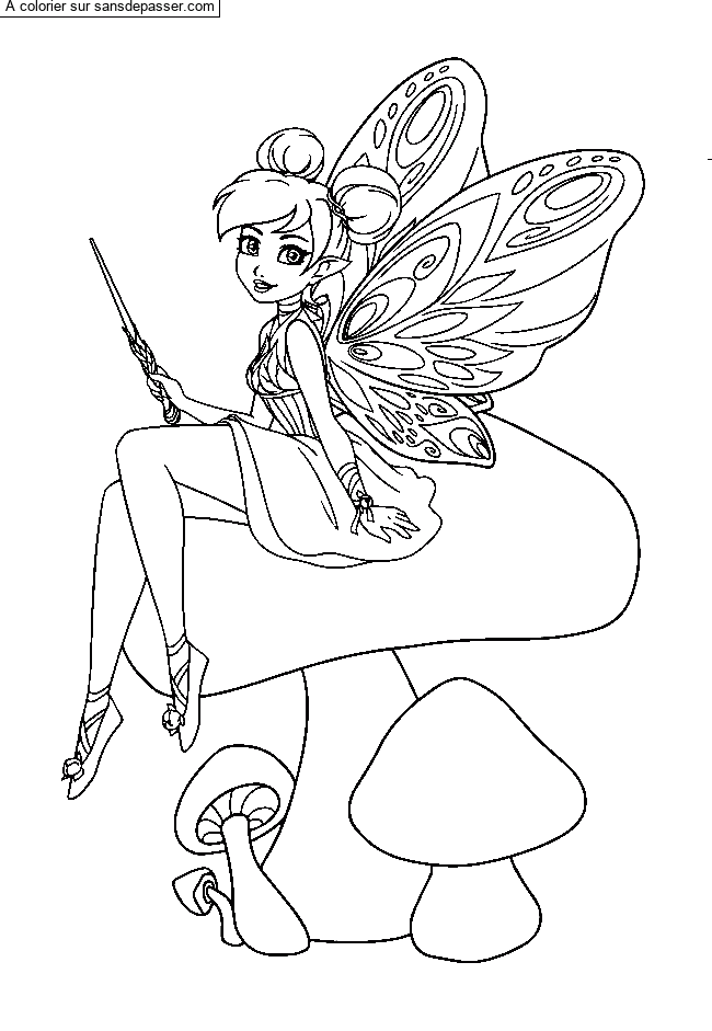 Coloriage Jolie F&eacute;e sur un champignon par un invit&eacute;