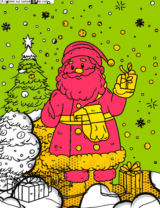 Coloriage P&egrave;re No&euml;l et les cadeaux par un invit&eacute;
