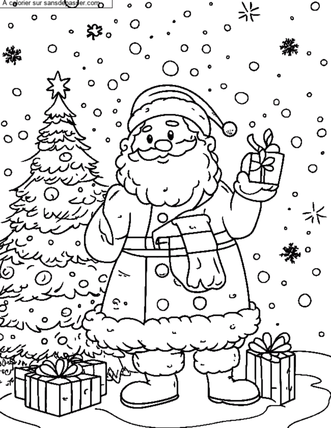 Coloriage P&egrave;re No&euml;l et les cadeaux par un invit&eacute;
