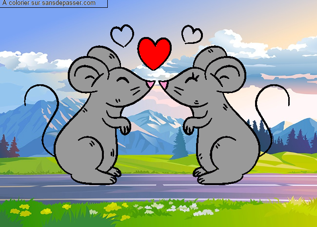 Coloriage Souris amoureuses par un invit&eacute;