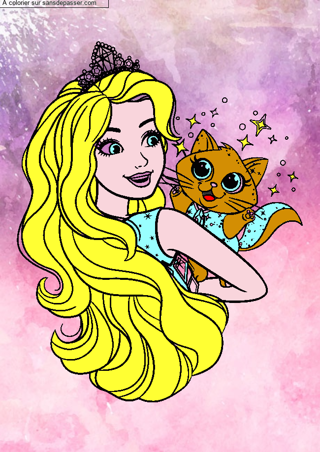 Coloriage Princesse Barbie et son chat par un invité