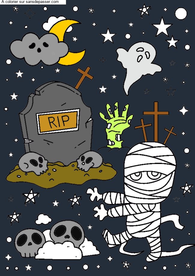 Momie et d&eacute;cor d'Halloween &agrave; colorier par un invit&eacute;