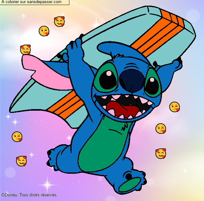 Coloriage Stitch avec une planche de surf