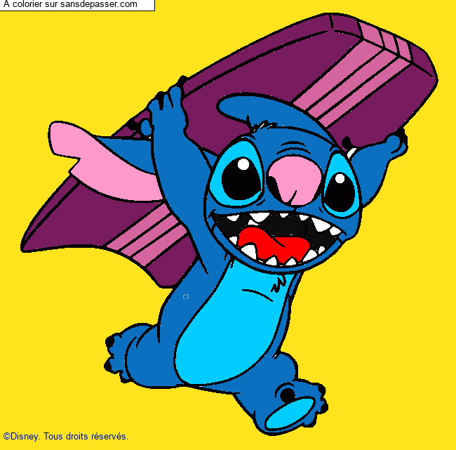 Coloriage Stitch avec une planche de surf