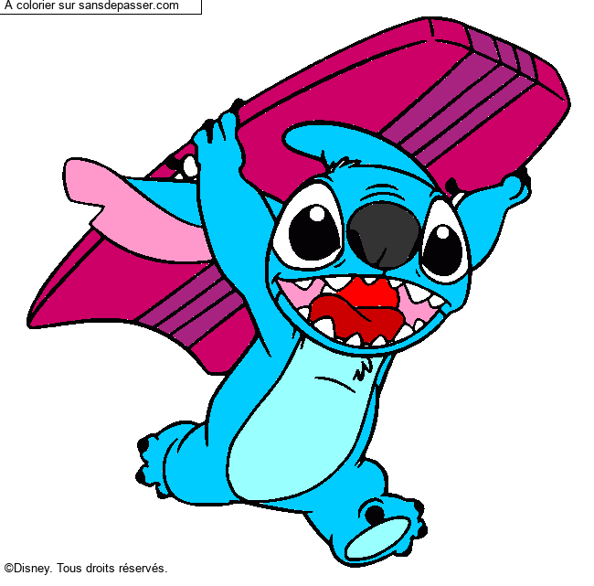Stitch avec une planche de surf par un invité