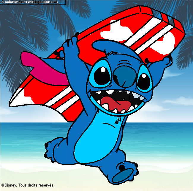 Stitch avec une planche de surf par un invit&eacute;