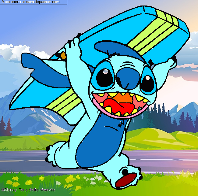 Stitch avec une planche de surf par un invit&eacute;