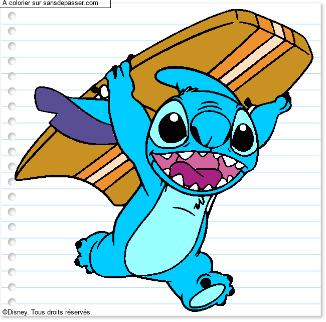 Coloriage Stitch avec une planche de surf