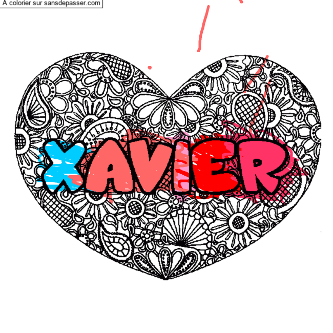 Coloriage pr&eacute;nom XAVIER - d&eacute;cor Mandala coeur par un invit&eacute;
