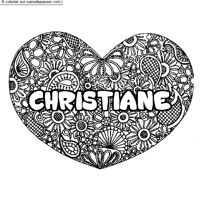 Coloriage pr&eacute;nom CHRISTIANE - d&eacute;cor Mandala coeur par un invit&eacute;