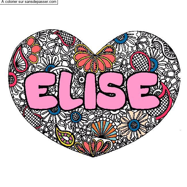 Coloriage pr&eacute;nom ELISE - d&eacute;cor Mandala coeur par un invit&eacute;