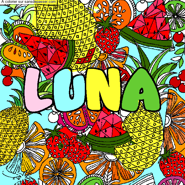 Coloriage prénom LUNA - décor Mandala fruits par un invité
