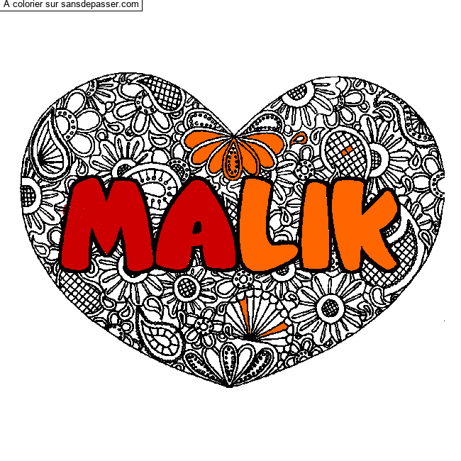 Coloriage prénom MALIK - décor Mandala coeur par malik