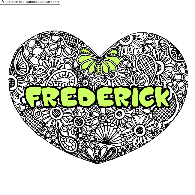 Coloriage pr&eacute;nom FREDERICK - d&eacute;cor Mandala coeur par Nepetta