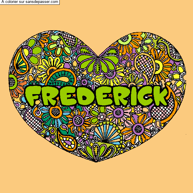 Coloriage prénom FREDERICK - décor Mandala coeur par Nepetta