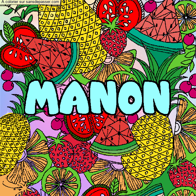 Coloriage prénom MANON - décor Mandala fruits par jojocookies