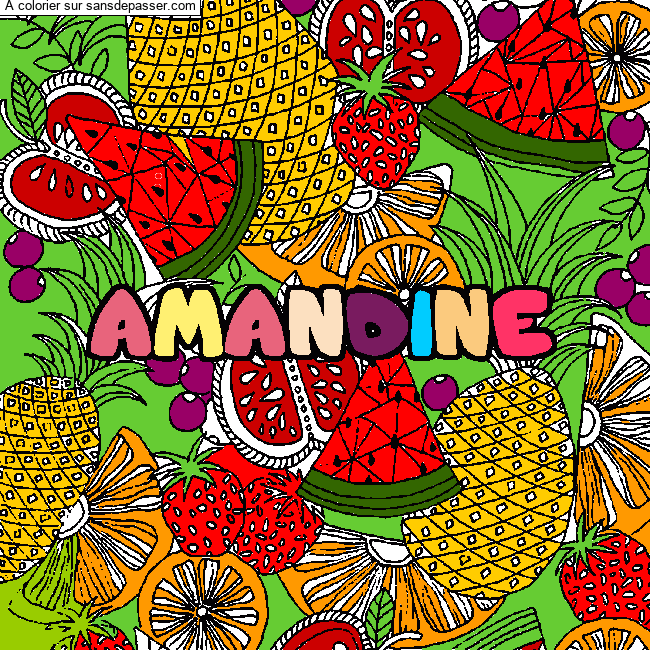 Coloriage pr&eacute;nom AMANDINE - d&eacute;cor Mandala fruits par anna