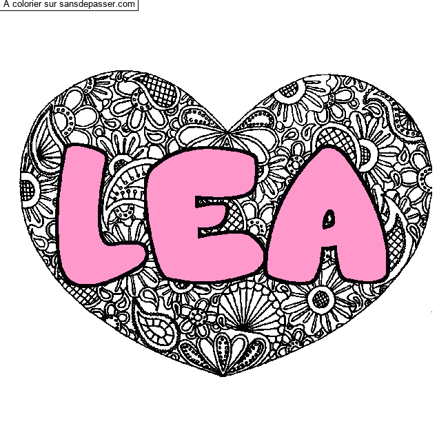 Coloriage pr&eacute;nom LEA - d&eacute;cor Mandala coeur par un invit&eacute;