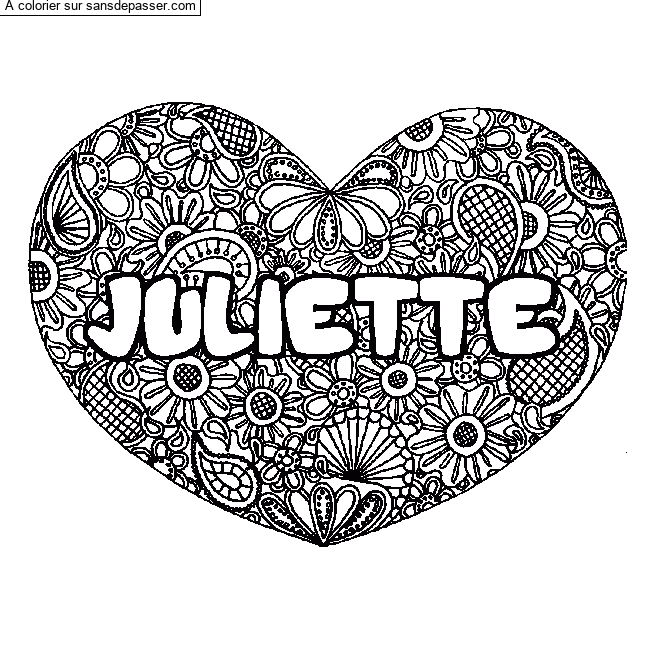 Coloriage pr&eacute;nom JULIETTE - d&eacute;cor Mandala coeur par un invit&eacute;