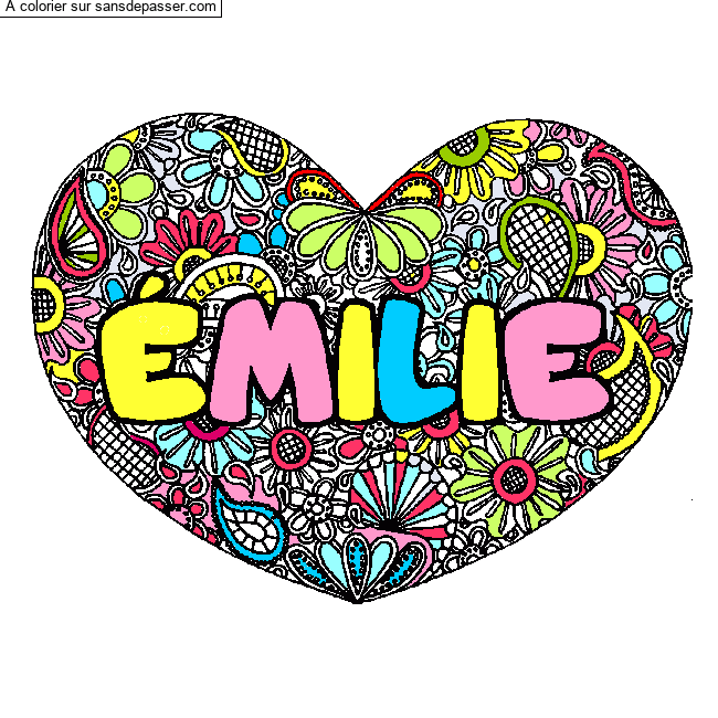 Coloriage pr&eacute;nom &Eacute;MILIE - d&eacute;cor Mandala coeur par un invit&eacute;