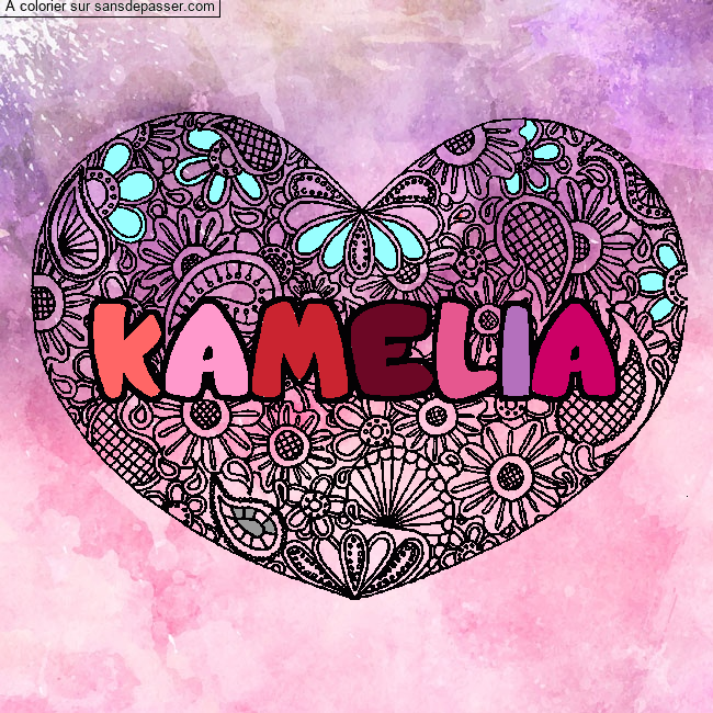 Coloriage Coloriage pr&eacute;nom KAMELIA - d&eacute;cor Mandala coeur par un invité
