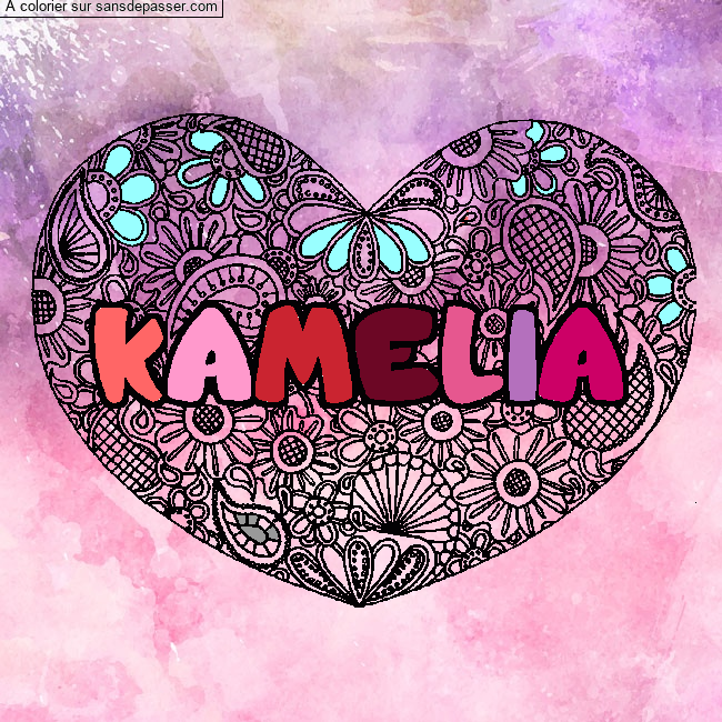 Coloriage Coloriage pr&eacute;nom KAMELIA - d&eacute;cor Mandala coeur par un invit&eacute;