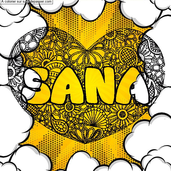 Coloriage Coloriage pr&eacute;nom SANA - d&eacute;cor Mandala coeur par un invit&eacute;