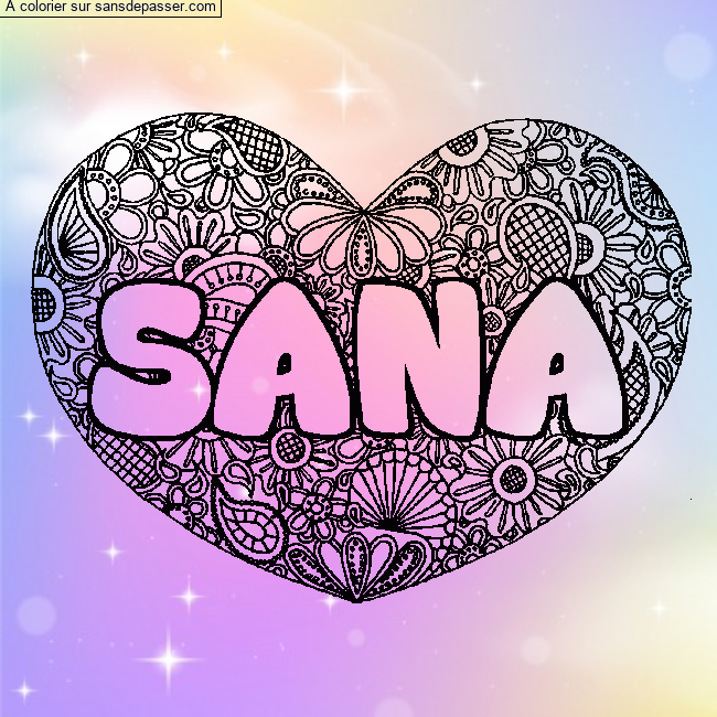 Coloriage prénom SANA - décor Mandala coeur par un invité