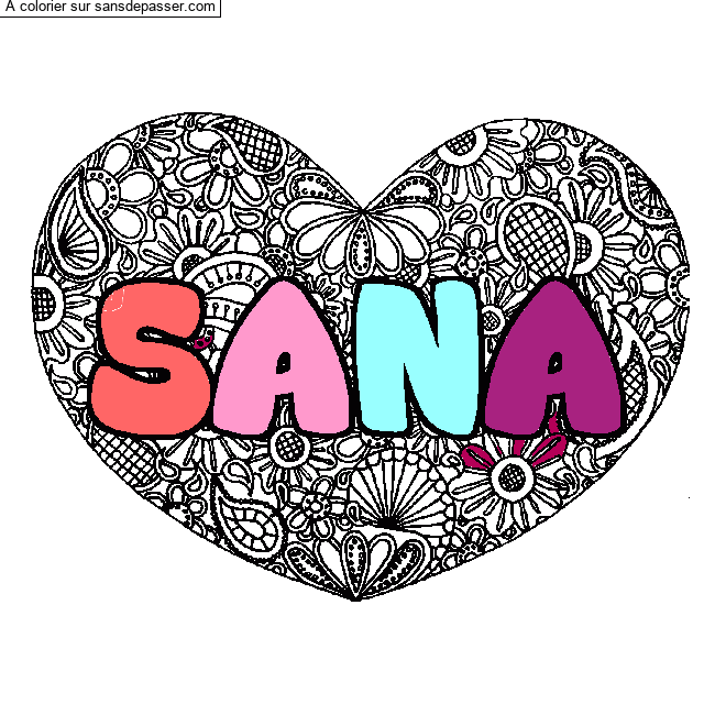 Coloriage Coloriage pr&eacute;nom SANA - d&eacute;cor Mandala coeur par un invit&eacute;