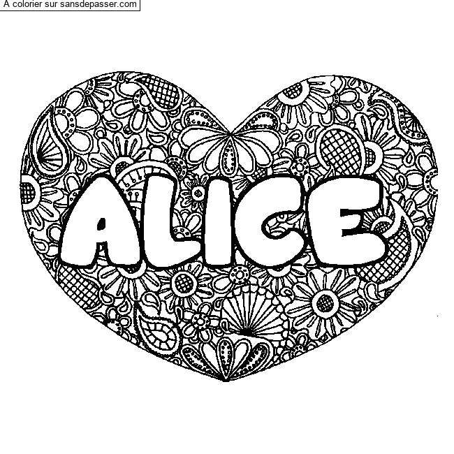 Coloriage Coloriage pr&eacute;nom ALICE - d&eacute;cor Mandala coeur par un invit&eacute;