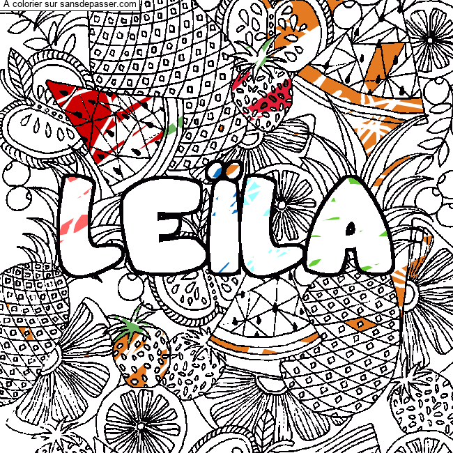 Coloriage Coloriage pr&eacute;nom LE&Iuml;LA - d&eacute;cor Mandala fruits par MS siamoises 22