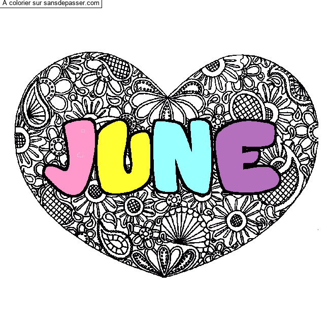 Coloriage Coloriage pr&eacute;nom JUNE - d&eacute;cor Mandala coeur par un invit&eacute;