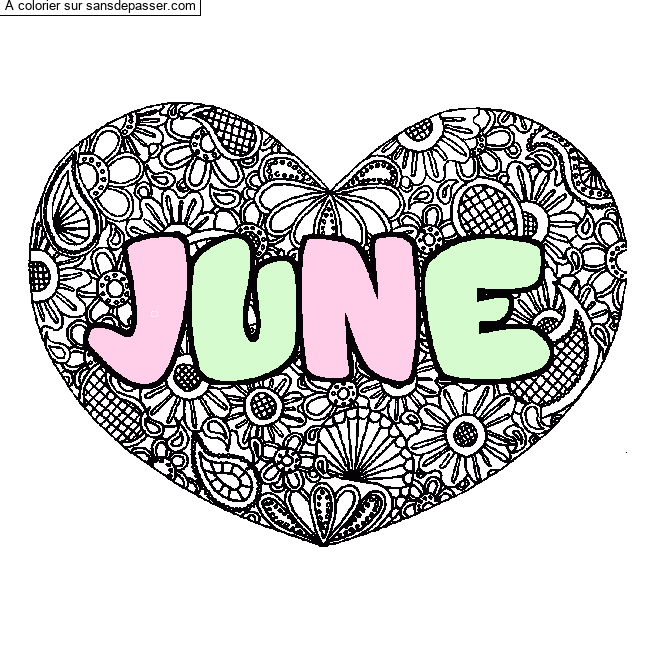 Coloriage Coloriage pr&eacute;nom JUNE - d&eacute;cor Mandala coeur par un invit&eacute;
