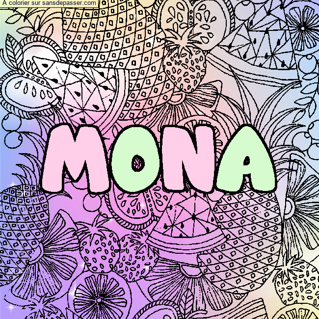 Coloriage prénom MONA - décor Mandala fruits par un invité