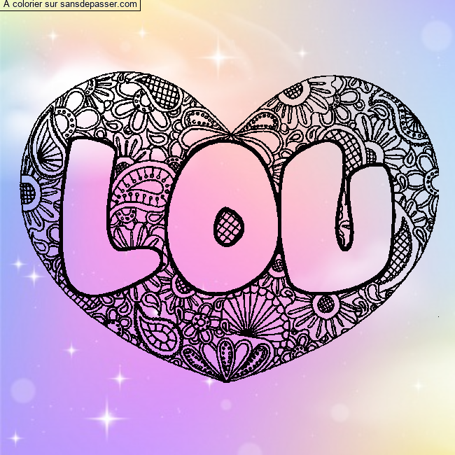 Coloriage pr&eacute;nom LOU - d&eacute;cor Mandala coeur par un invit&eacute;