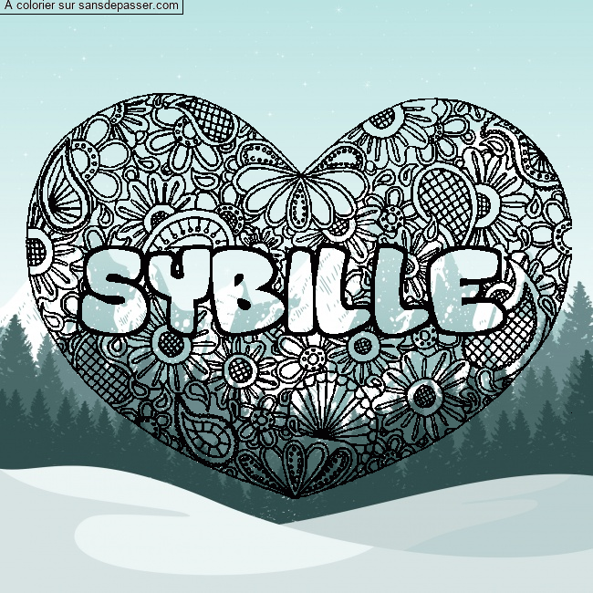 Coloriage Coloriage pr&eacute;nom SYBILLE - d&eacute;cor Mandala coeur par un invit&eacute;