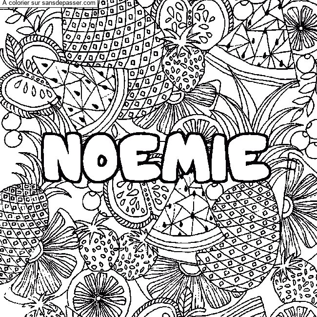 Coloriage prénom NOEMIE - décor Mandala fruits par paultropcool