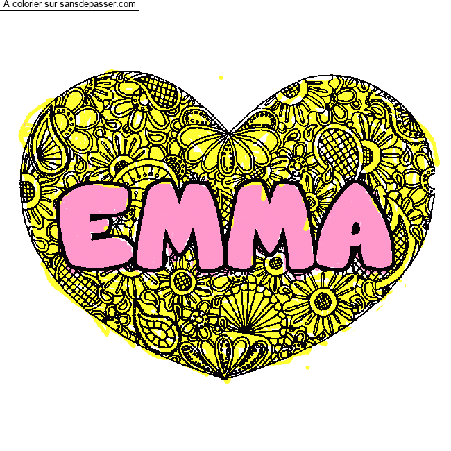 Coloriage pr&eacute;nom EMMA - d&eacute;cor Mandala coeur par un invit&eacute;