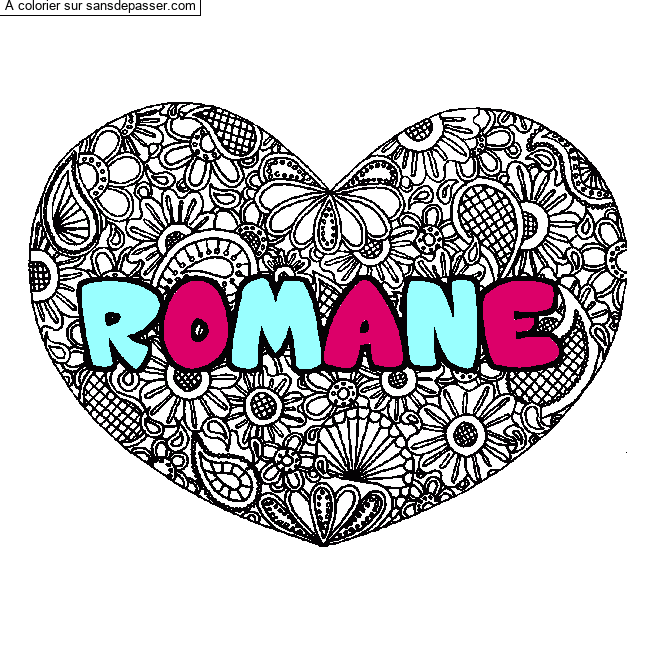 Coloriage Coloriage pr&eacute;nom ROMANE - d&eacute;cor Mandala coeur par ma&euml;lys