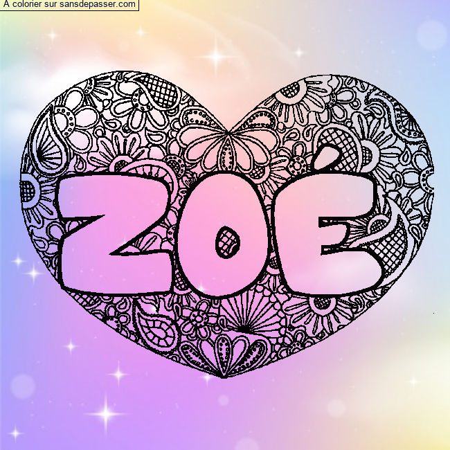 Coloriage Coloriage pr&eacute;nom ZO&Eacute; - d&eacute;cor Mandala coeur par un invité