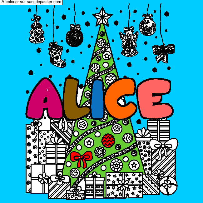Coloriage Coloriage pr&eacute;nom ALICE - d&eacute;cor Sapin et Cadeaux par un invit&eacute;