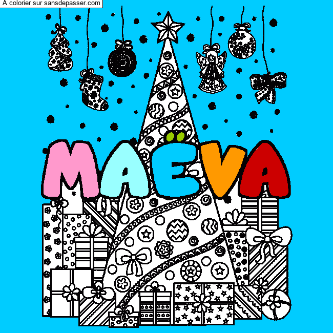 Coloriage Coloriage pr&eacute;nom MA&Euml;VA - d&eacute;cor Sapin et Cadeaux par un invit&eacute;