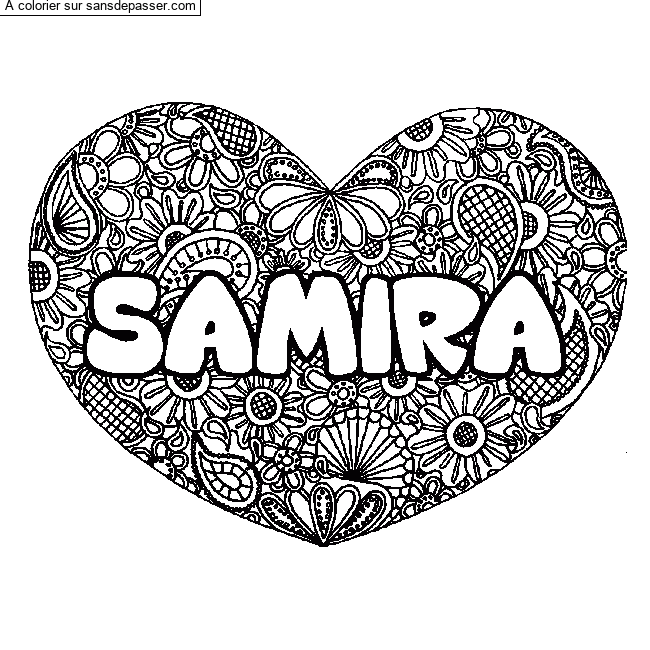 Coloriage prénom SAMIRA - décor Mandala coeur par un invité