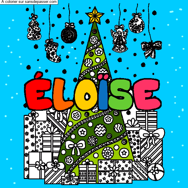 Coloriage Coloriage pr&eacute;nom &Eacute;LO&Iuml;SE - d&eacute;cor Sapin et Cadeaux par ines122014