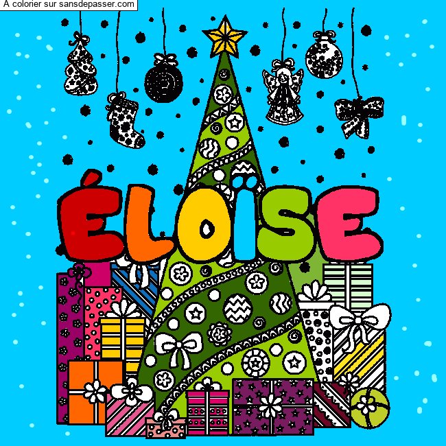 Coloriage pr&eacute;nom &Eacute;LO&Iuml;SE - d&eacute;cor Sapin et Cadeaux par ines122014