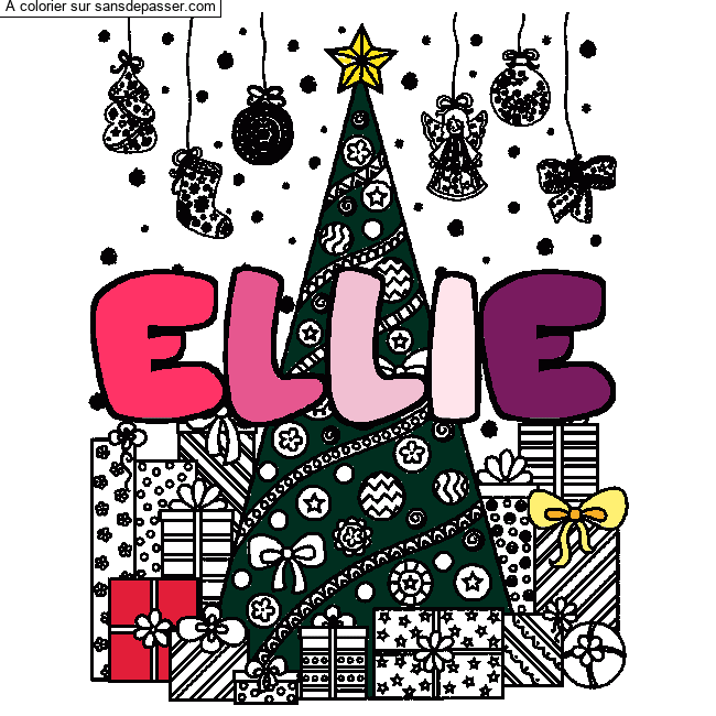 Coloriage prénom ELLIE - décor Sapin et Cadeaux par un invité