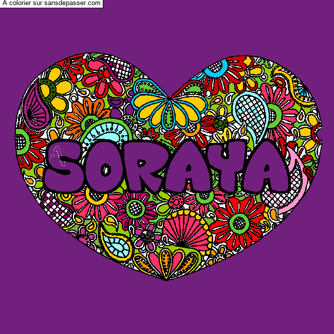 Coloriage prénom SORAYA - décor Mandala coeur par un invité